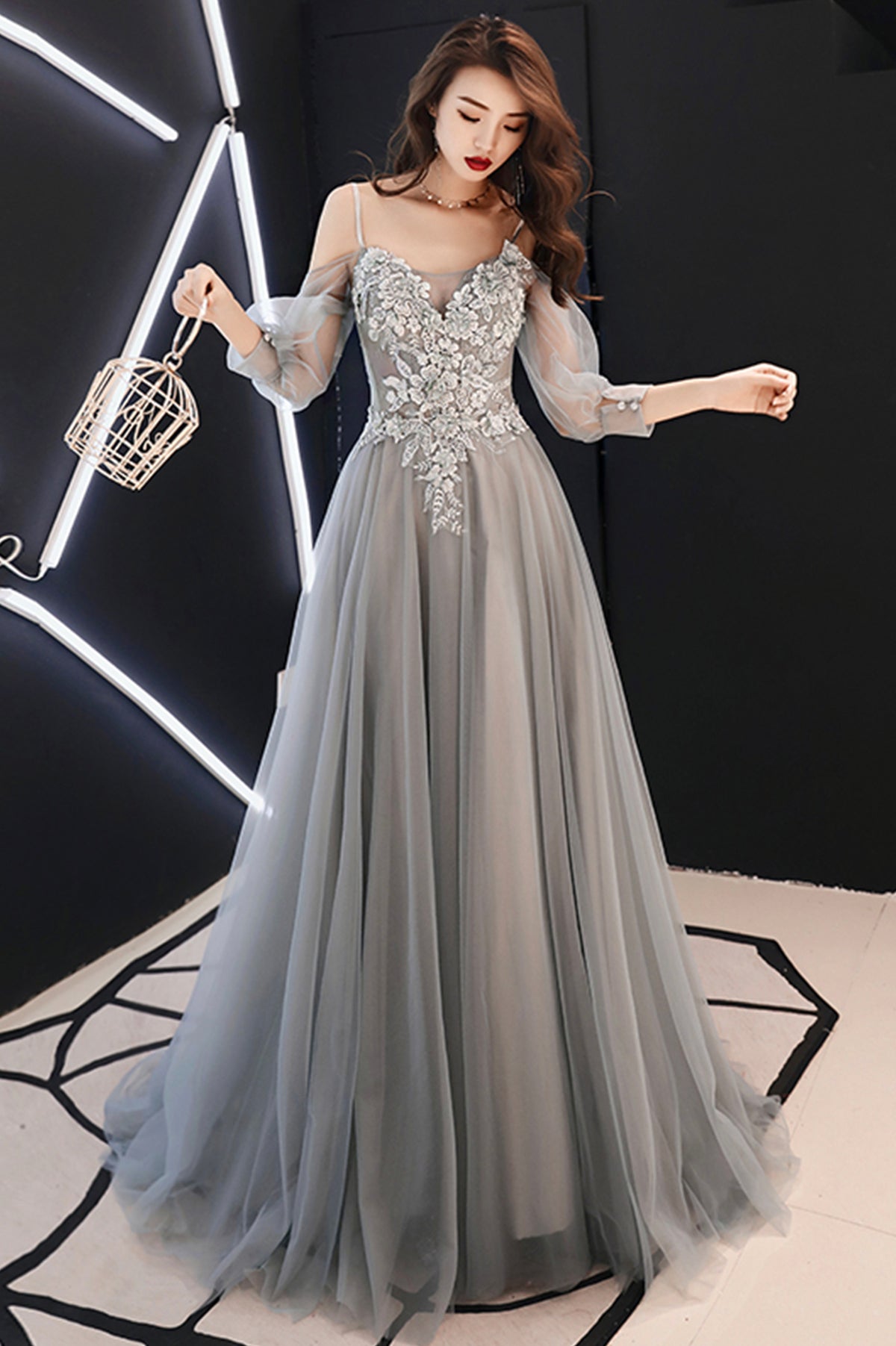 Gray Tulle Lace Long Prom Dress, A-Line Long Sleeve Evening Dress
