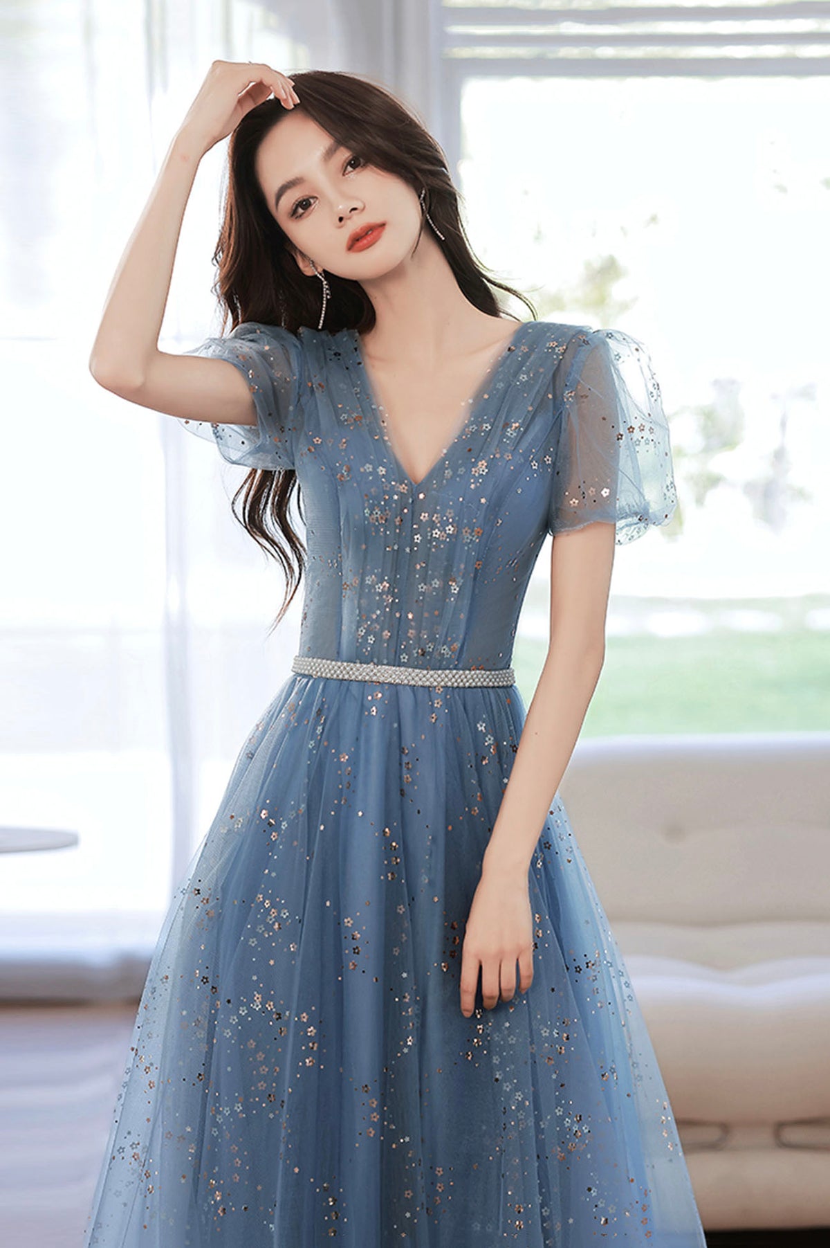 Blue V-Neck Tulle Sequins Long Prom Dress, A-Line Evening Party Dress