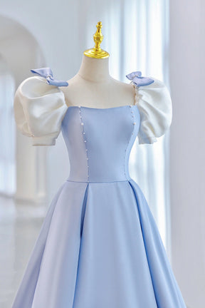 Blue Satin Long A-Line Prom Dress, Lovely Short Sleeve Formal Evening Dress