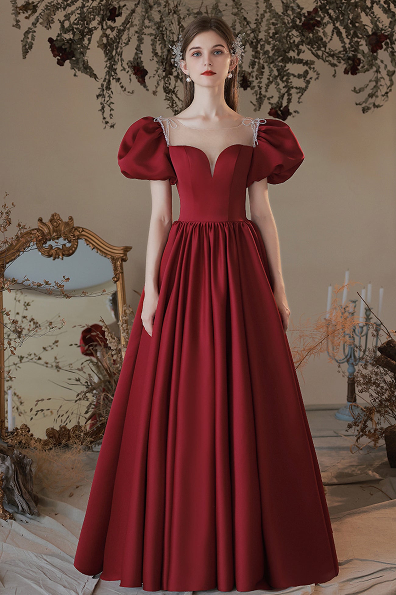 Burgundy Satin Long A-Line Prom Dress, Cute Short Sleeve Graduation Dr Burgundy Satin Long A-Line Prom Dress, Cute Short Sleeve Graduation Dr