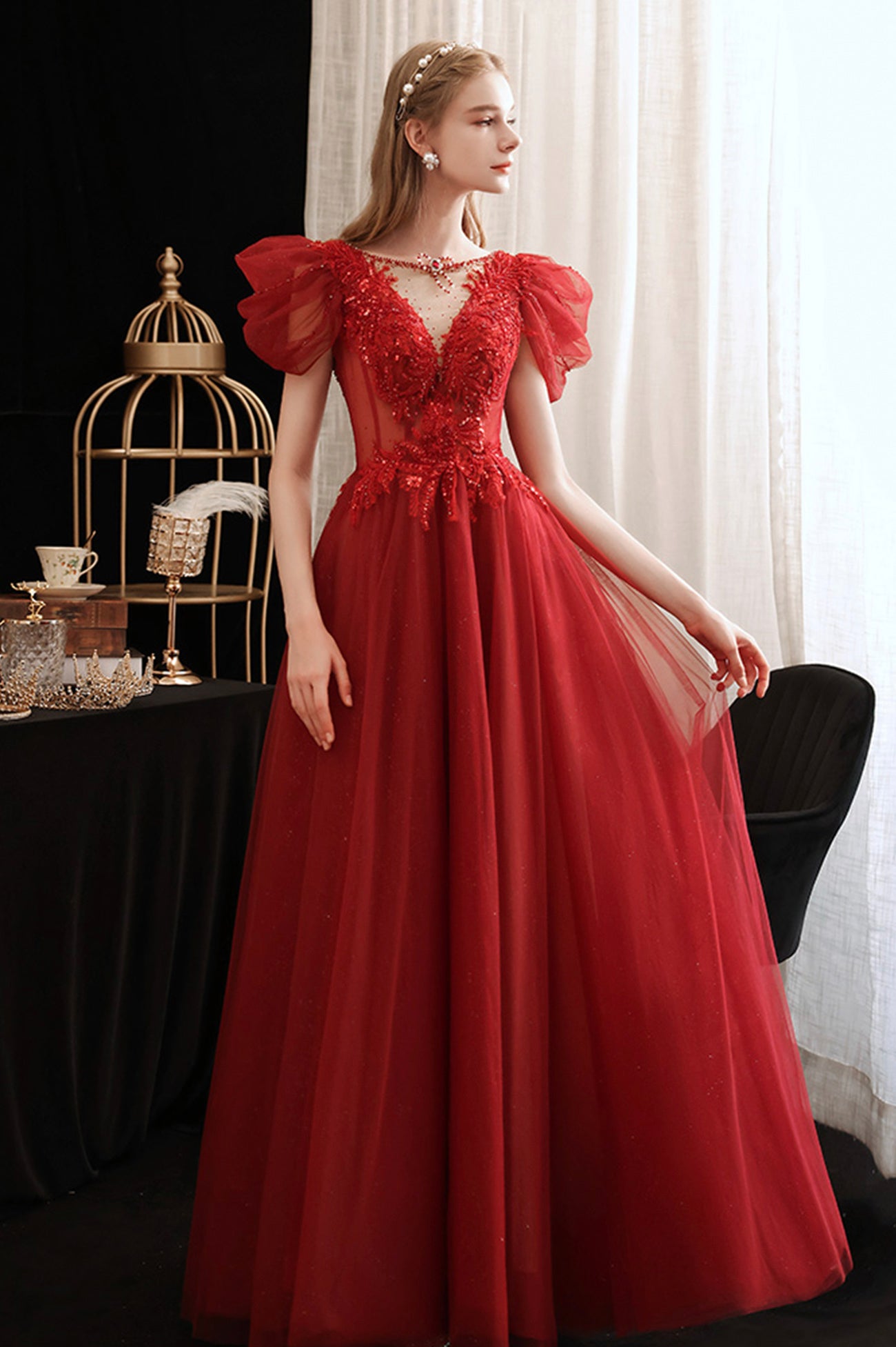 Burgundy Lace Long Prom Dress with Sequins, Cute Puff Sleeve Graduation Dress