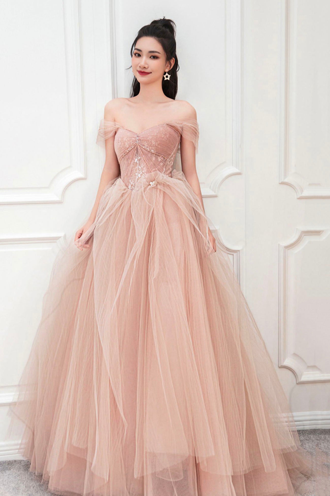 pink tulle prom dress Pearl Ball Gown Off-the-Shoulder Long Sleeves Dresses, MP643 inviting admiration without uttering a word Pink Tulle Long A-Line Prom