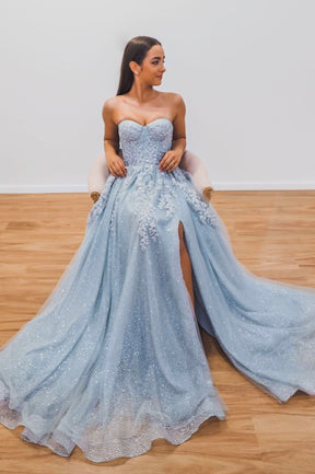 Blue Strapless Lace Long Prom Dress, Lovely A-Line Evening Dress with Slit