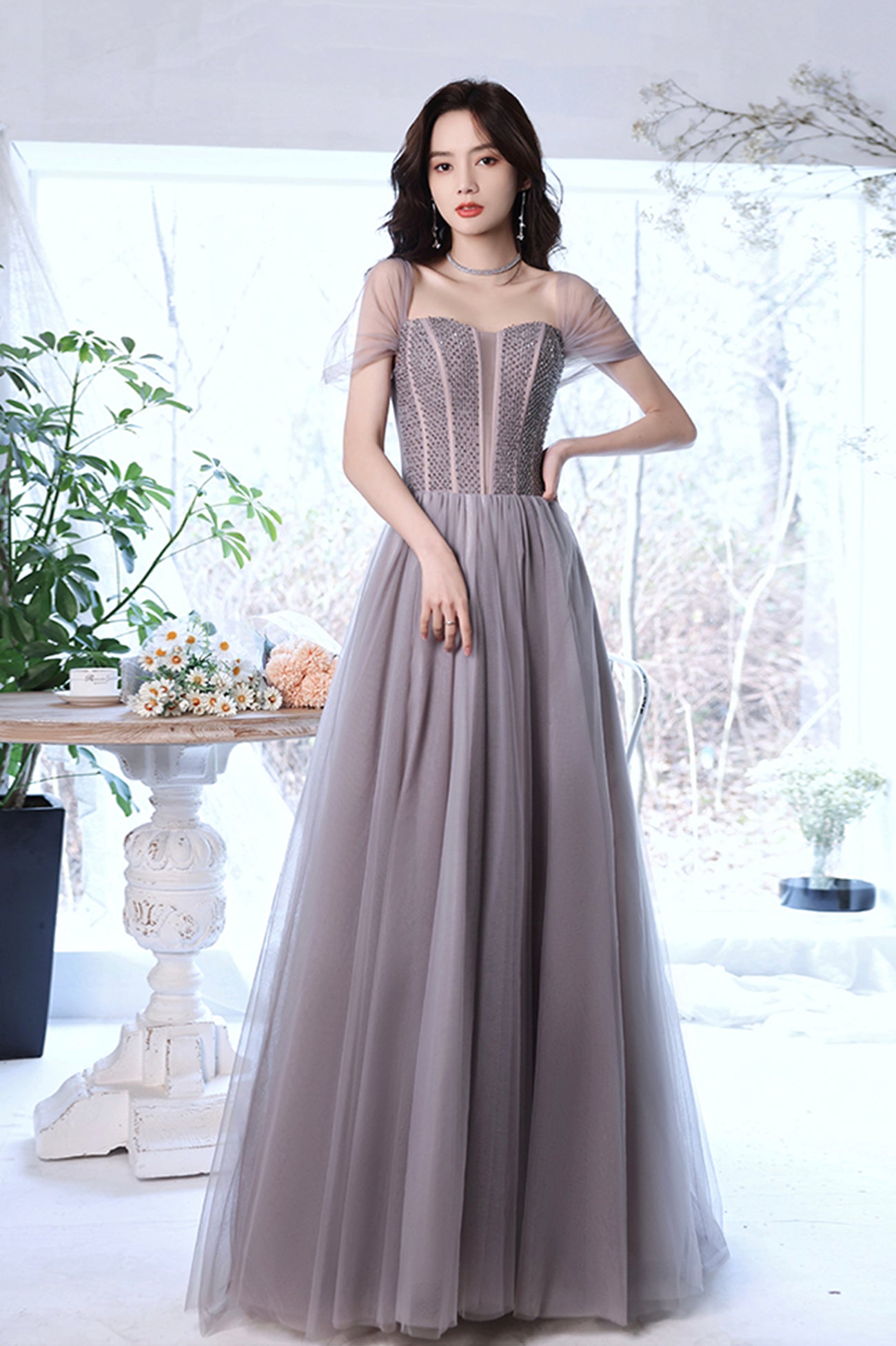 A-Line Tulle Long Prom Dress with Beaded, Purple Evening Graduation Dress