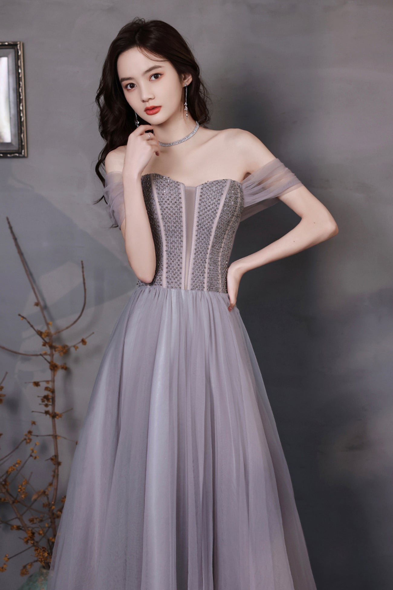 A-Line Tulle Long Prom Dress with Beaded, Purple Evening Graduation Dress