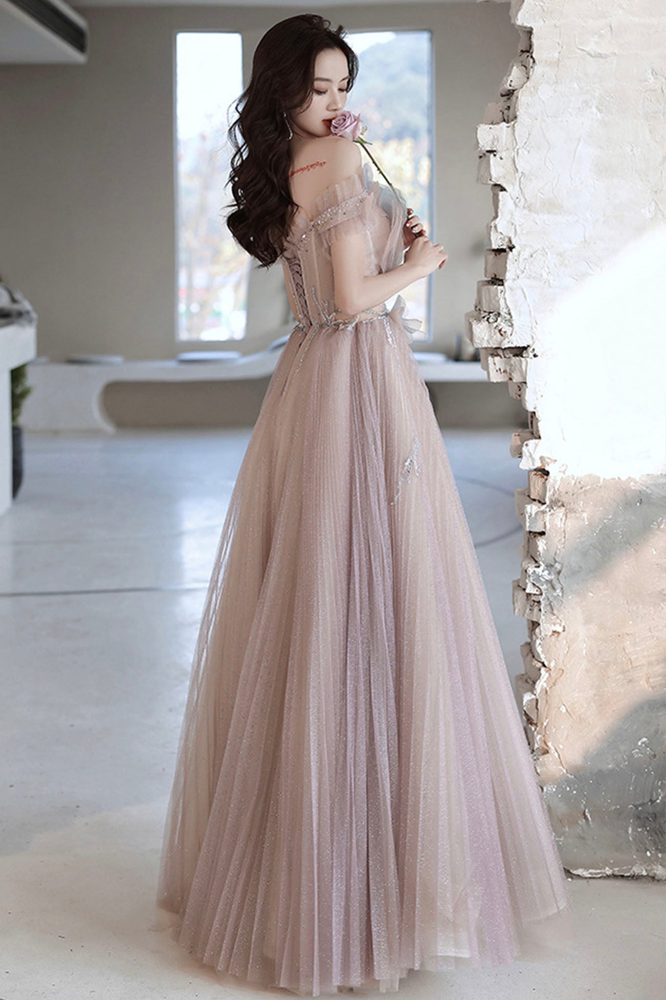 Pink Tulle Long A-Line Prom Dress, Off the Shoulder Evening Party Dress