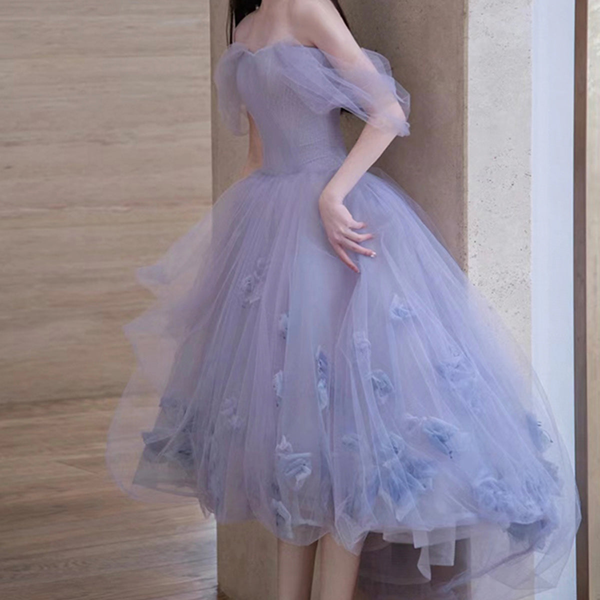 Cute Tulle Short A-Line Prom Dress, Purple Off the Shoulder Evening Dr