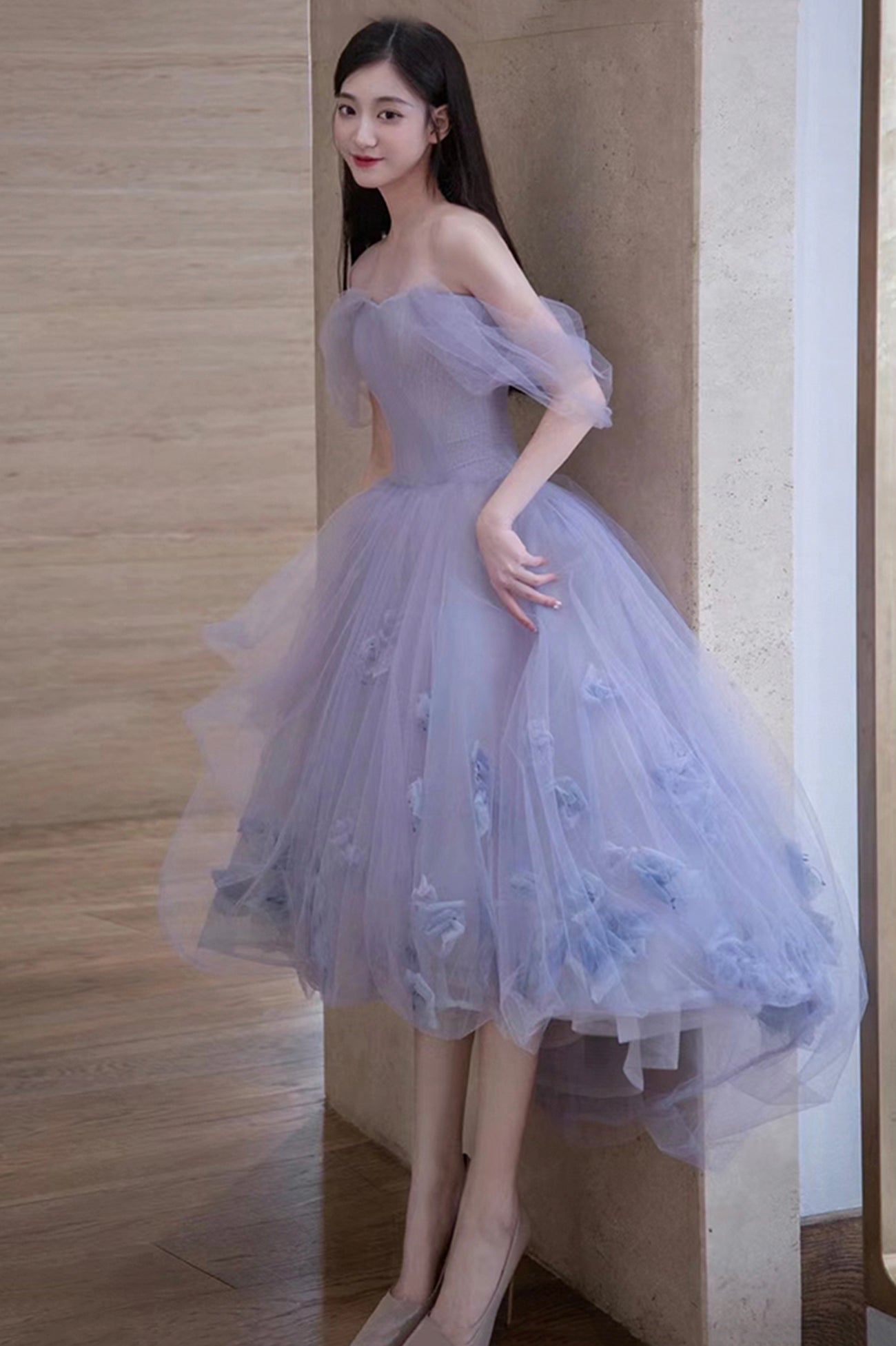 Cute Tulle Short A-Line Prom Dress, Purple Off the Shoulder Evening Dress