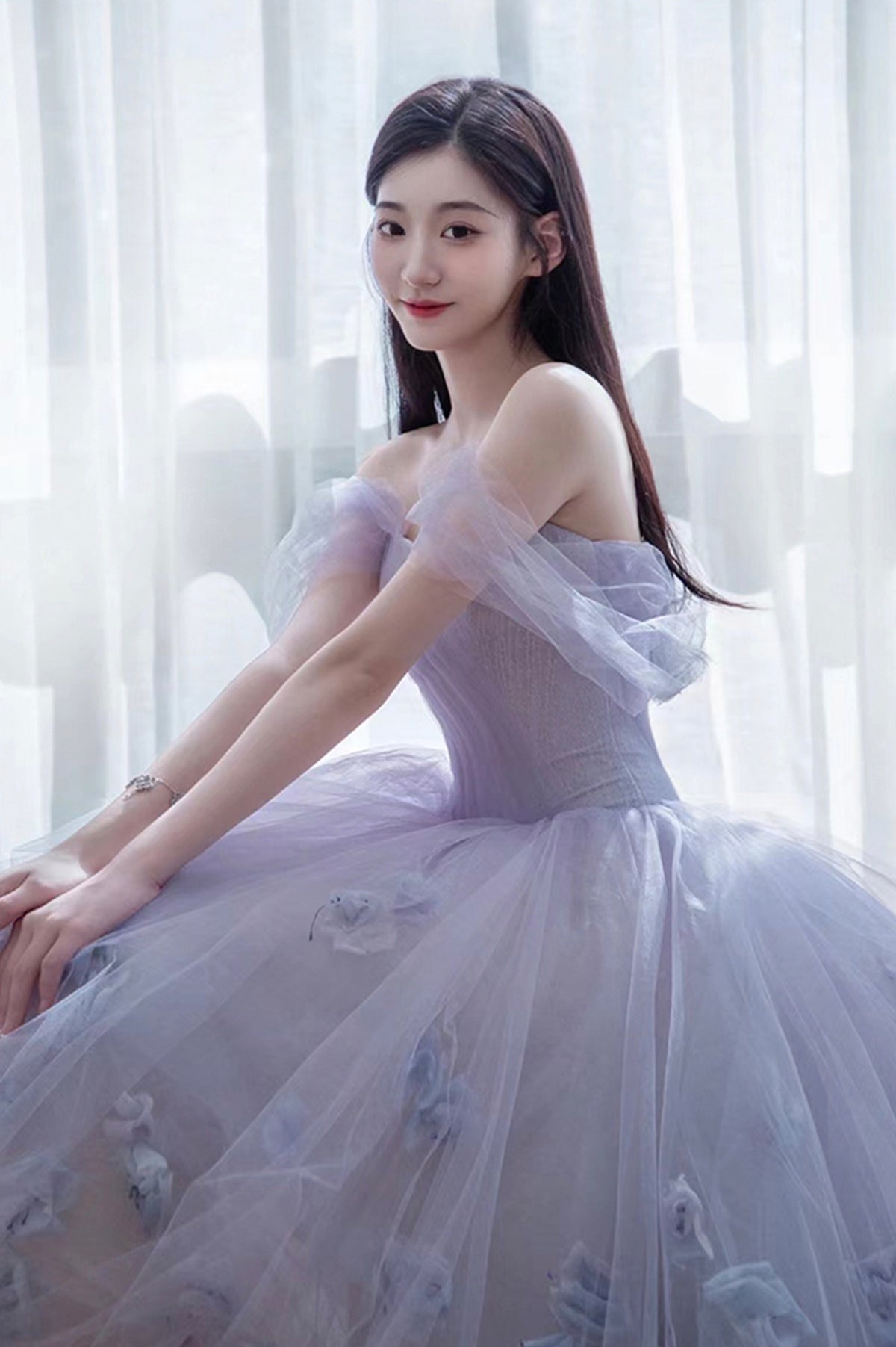Cute Tulle Short A-Line Prom Dress, Purple Off the Shoulder Evening Dress