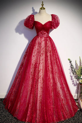 Burgundy Tulle Long Prom Dress with Sequins, A-Line Short Sleeve Evening Dress