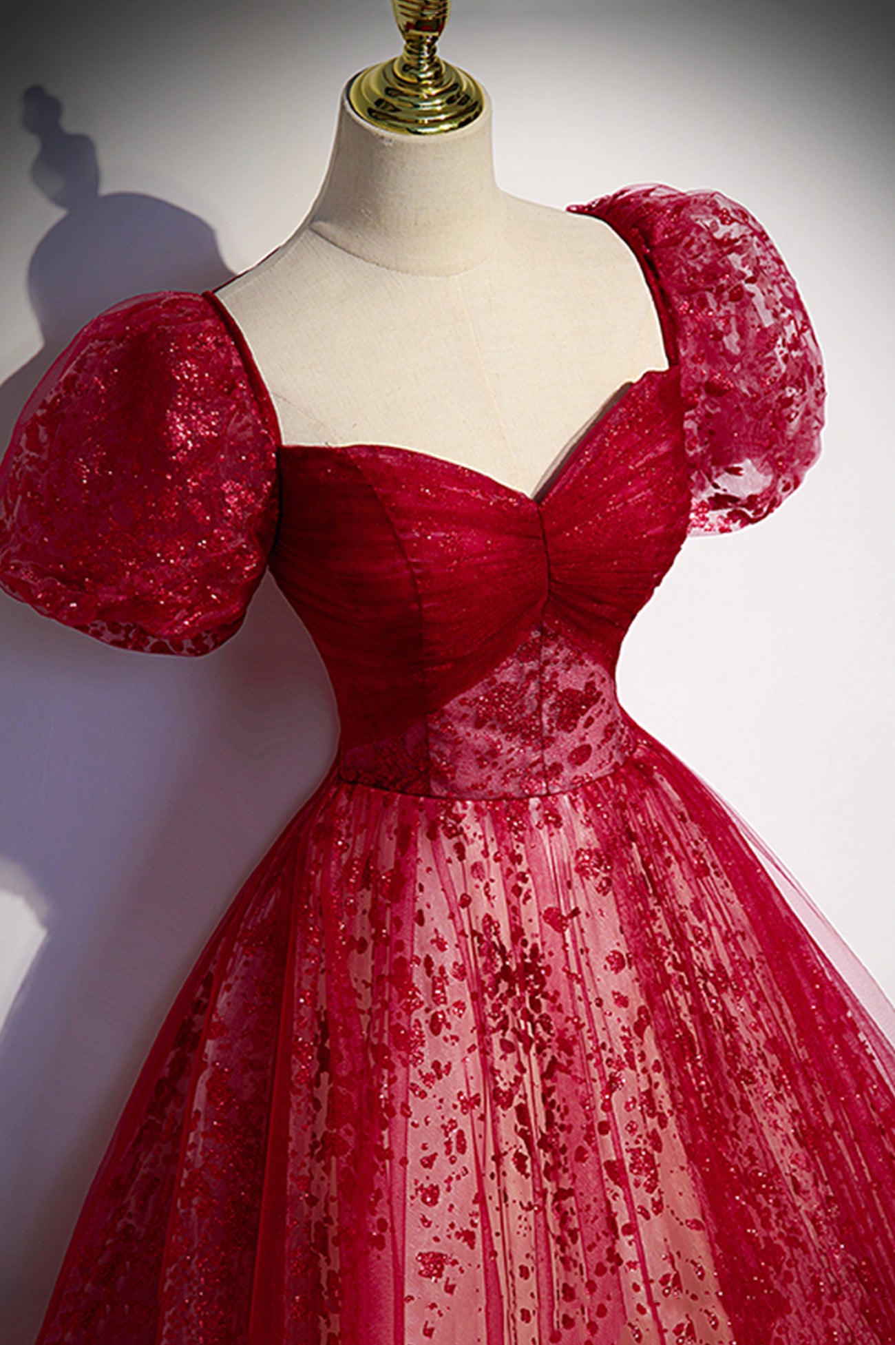 Burgundy Tulle Long Prom Dress with Sequins, A-Line Short Sleeve Evening Dress