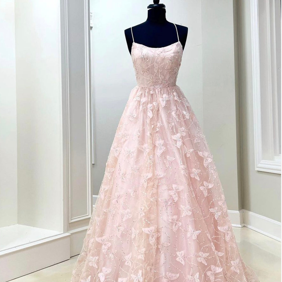 Pink Tulle Long A-Line Prom Dress with Butterfly Lace Pink Tulle Long A-Line Prom Dress with Butterfly Lace