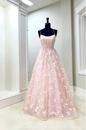 Pink Tulle Long A-Line Prom Dress with Butterfly Lace