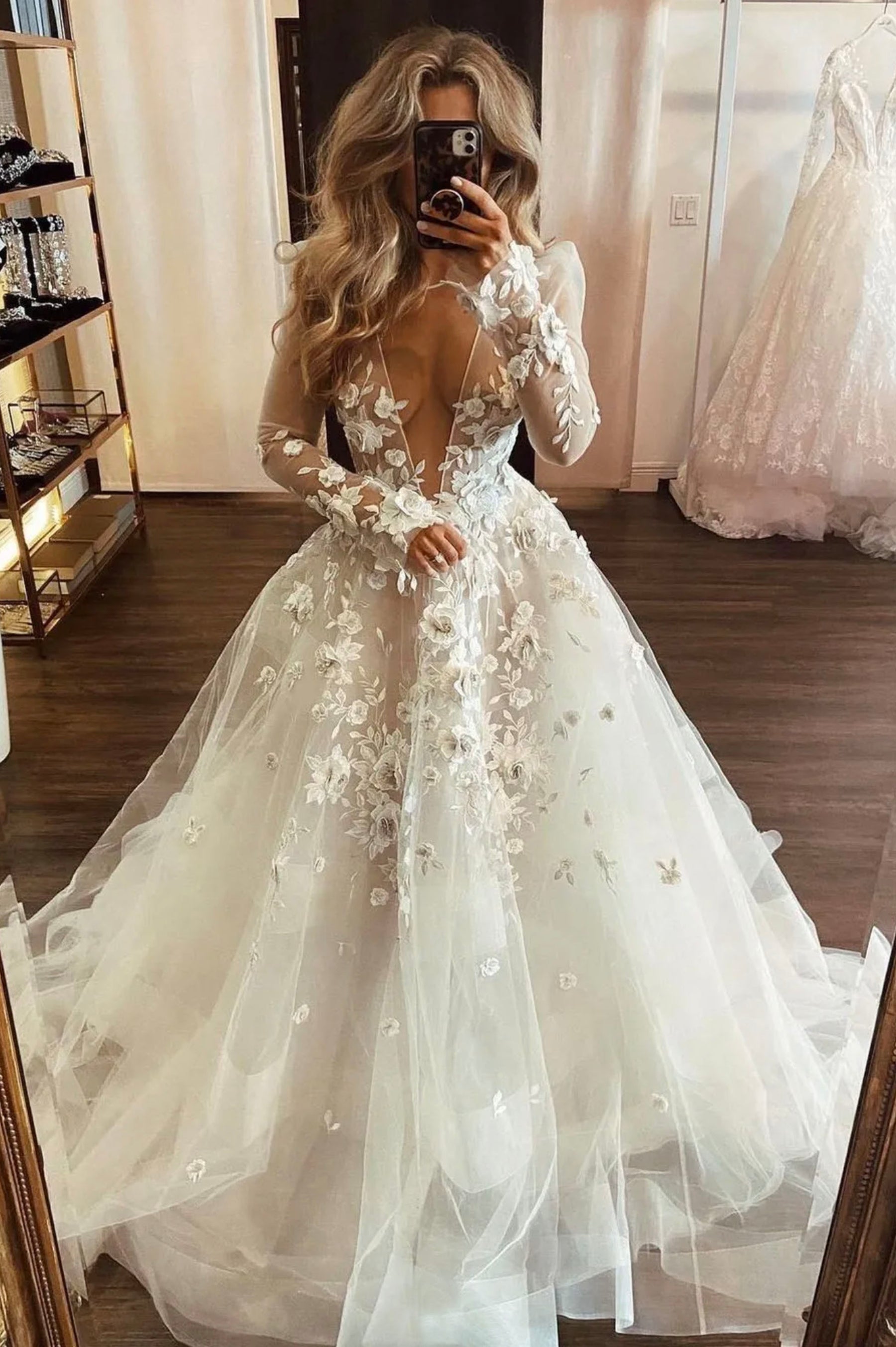 Plunging V-Neck Lace Long Prom Dress, White Long Sleeve Evening Party Plunging V-Neck Lace Long Prom Dress, White Long Sleeve Evening Party
