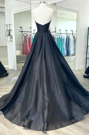 Black Strapless Satin Long Prom Dress, Black A-Line Evening Dress