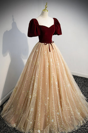 A-Line Velvet Tulle Long Prom Dress, Lovely Short Sleeve Graduation Dress