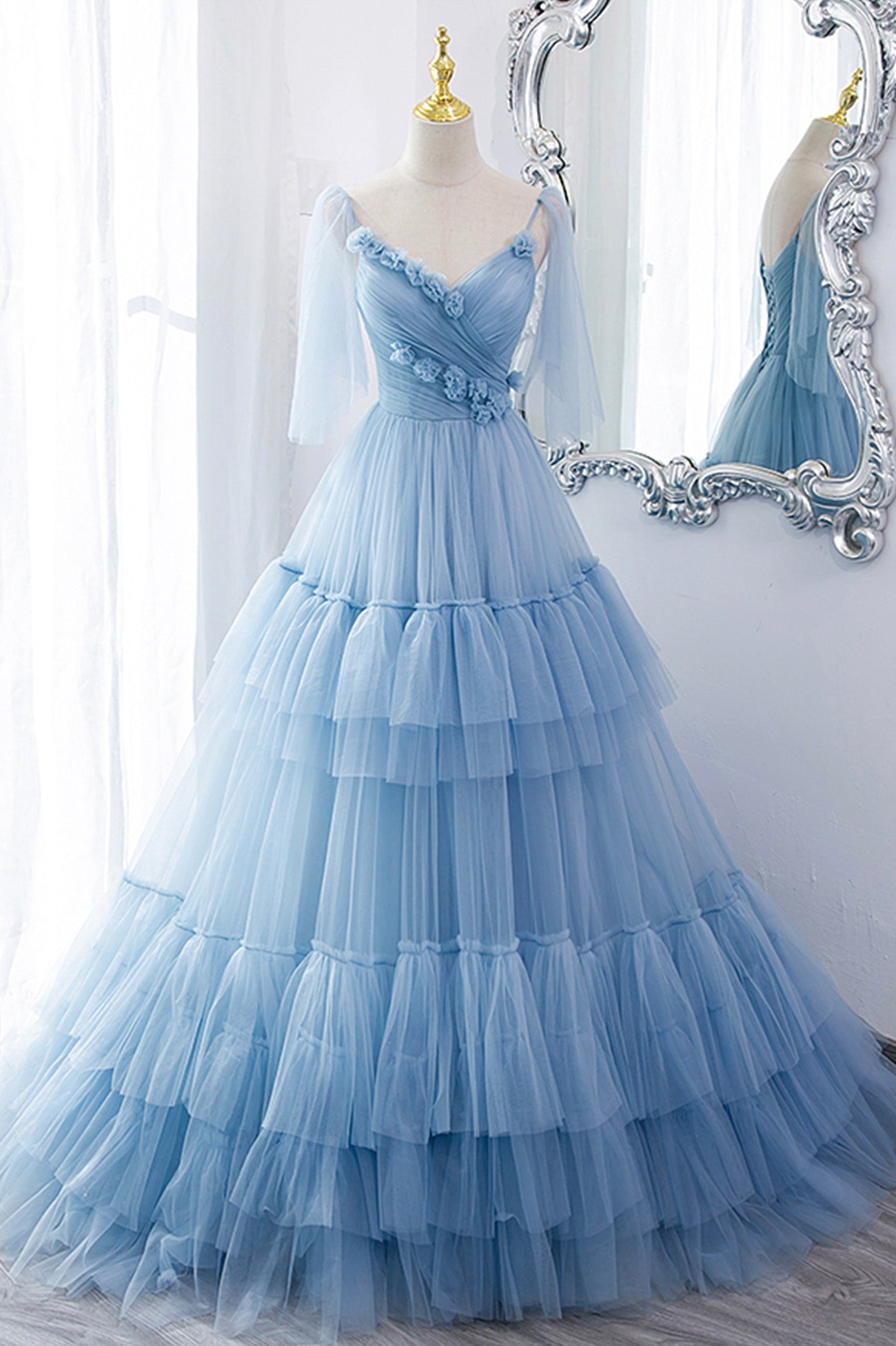 Blue V-Neck Tulle Long Prom Dress, A-Line Evening Party Dress