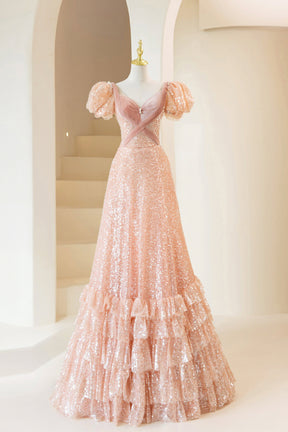 Pink Sequins Long Prom Dress, A-Line Short Sleeve Evening Dress