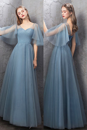 Blue Tulle Long A-Line Prom Dress, Simple Blue Evening Bridesmaid Dress
