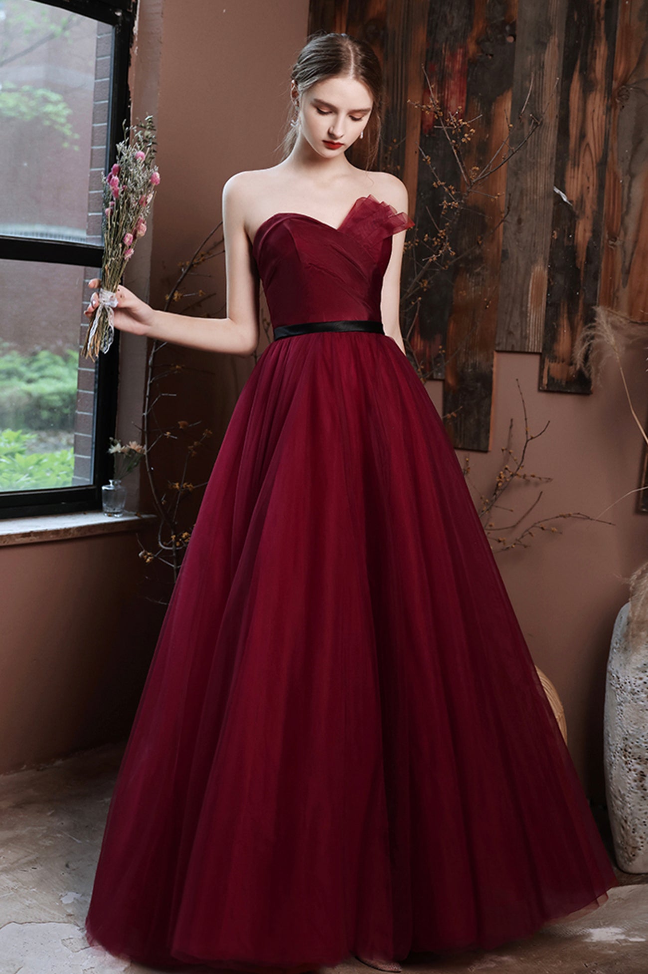 Burgundy Tulle Long A-Line Prom Dress, Burgundy Strapless Evening Party Dress