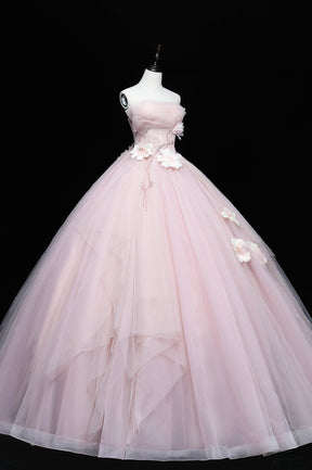 Pink Tulle Long A-Line Ball Gown, Pink Strapless Princess Sweet 16 Dress