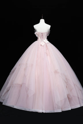 Pink Tulle Long A-Line Ball Gown, Pink Strapless Princess Sweet 16 Dress