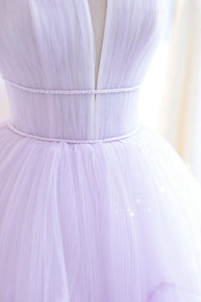 Purple Tulle Long A-Line Prom Dress, A-Line Strapless Evening Gown
