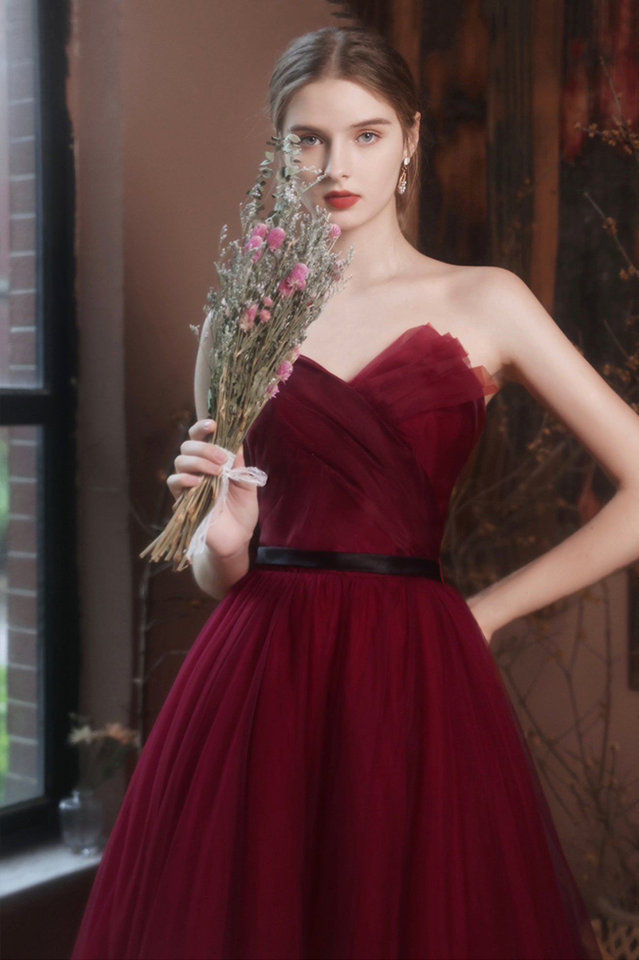 Burgundy Tulle Long A-Line Prom Dress, Burgundy Strapless Evening Party Dress