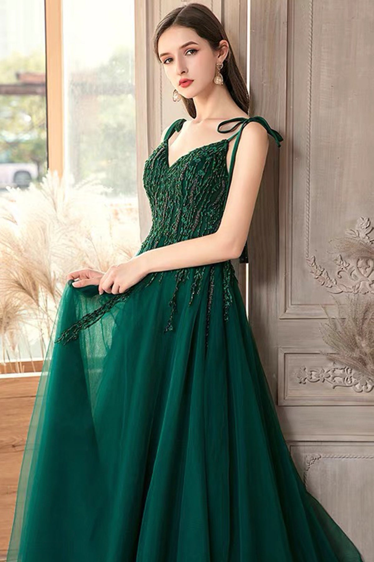 Green V-Neck Tulle Long A-Line Prom Dress, Lace Evening Party Dress