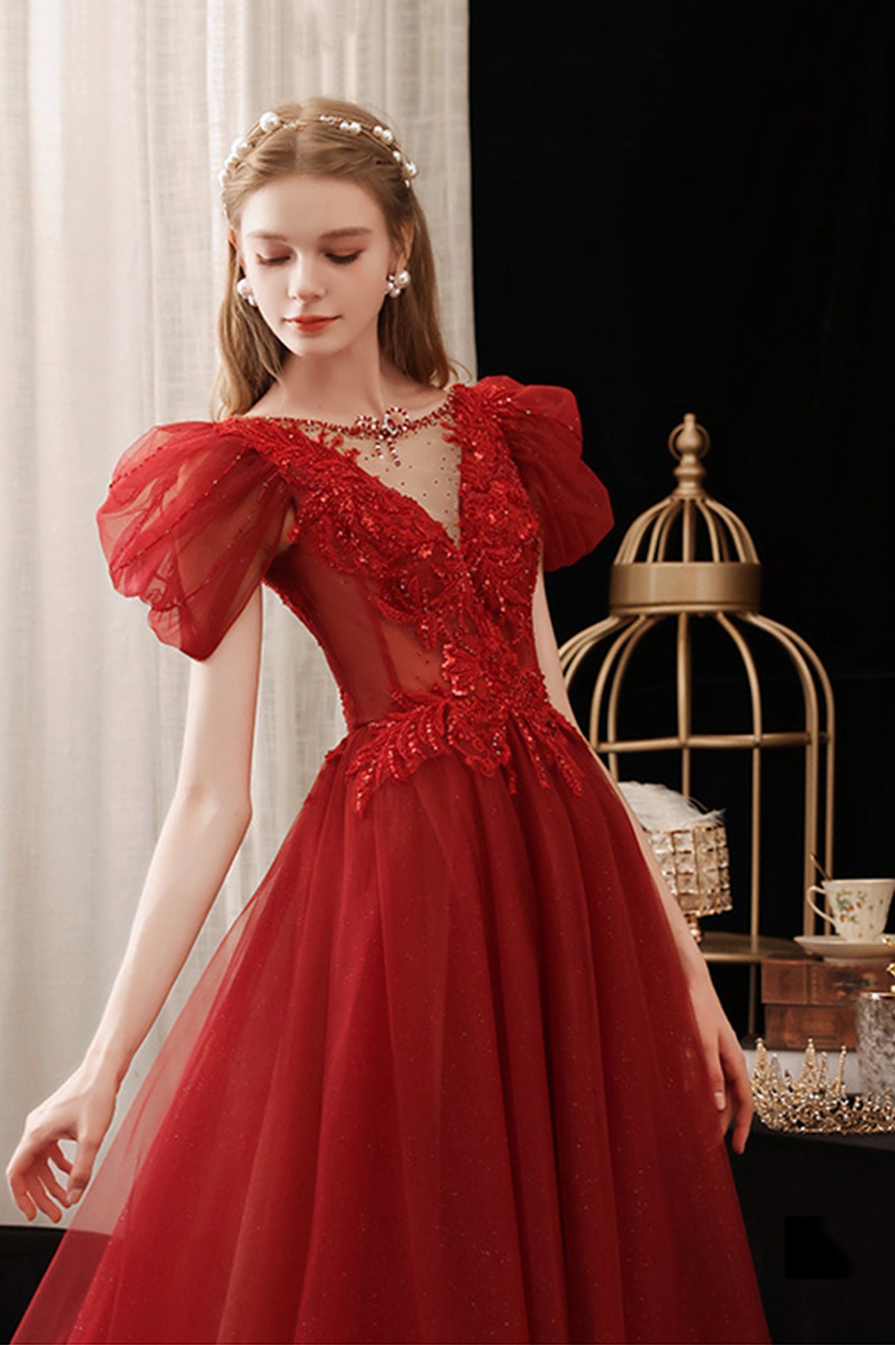 Burgundy Lace Long Prom Dress with Sequins, Cute Puff Sleeve Graduatio Burgundy Lace Long Prom Dress with Sequins, Cute Puff Sleeve Graduatio