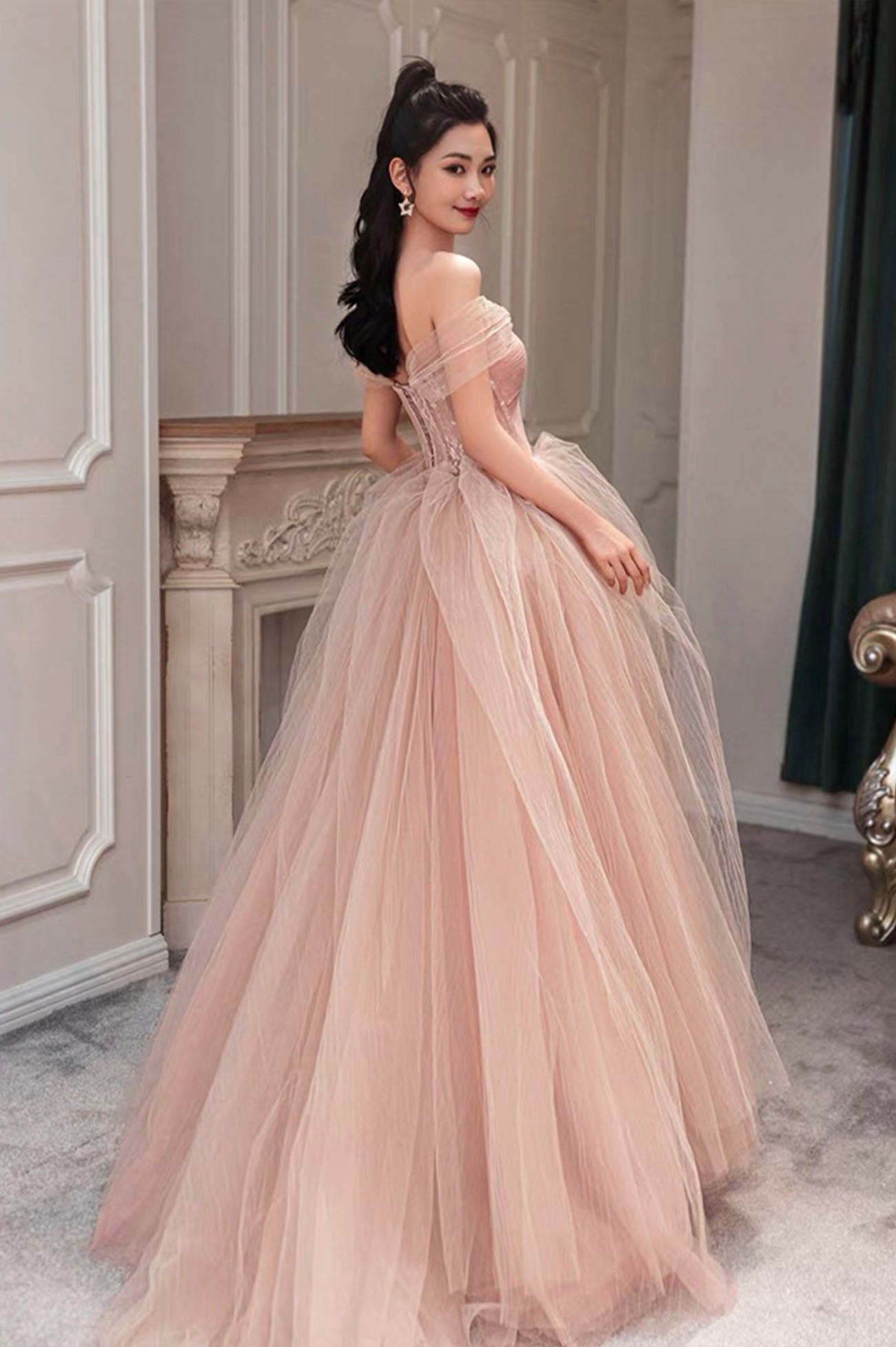 Pink Tulle Long A-Line Prom Dress, Cute Off the Shoulder Graduation Dress