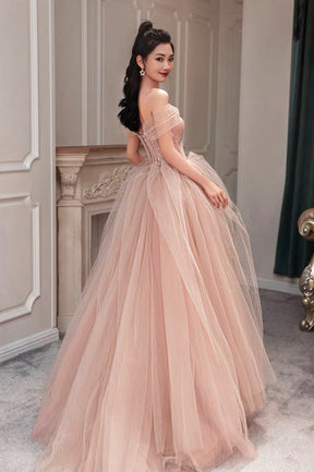 Pink Tulle Long A-Line Prom Dress, Cute Off the Shoulder Graduation Dress