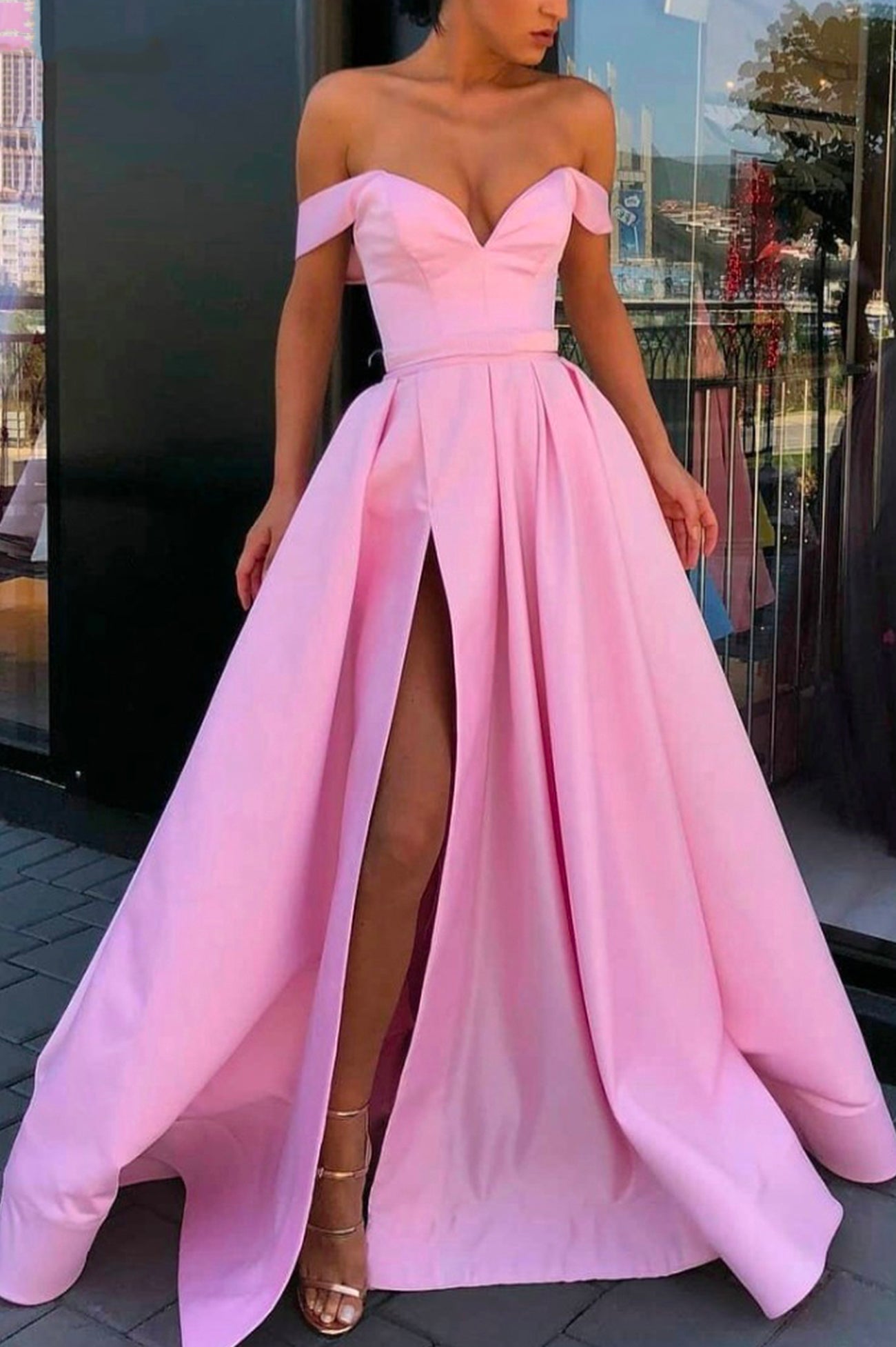 Simple Satin Long A-Line Prom Dress, Off the Shoulder Evening Dress with Slit