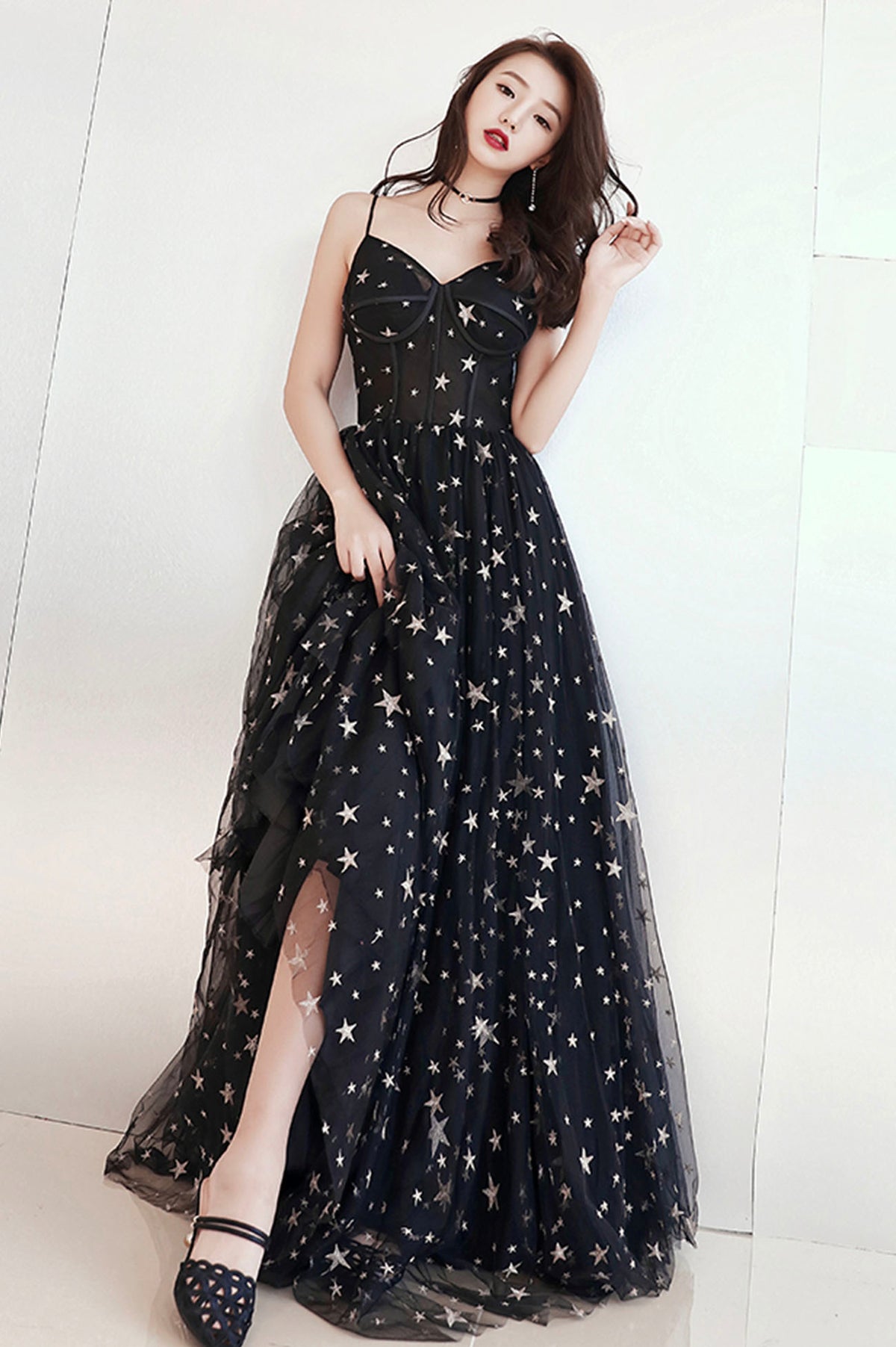 Black Tulle Layers Long A-Line Prom Dress, Black Strapless Evening Dress