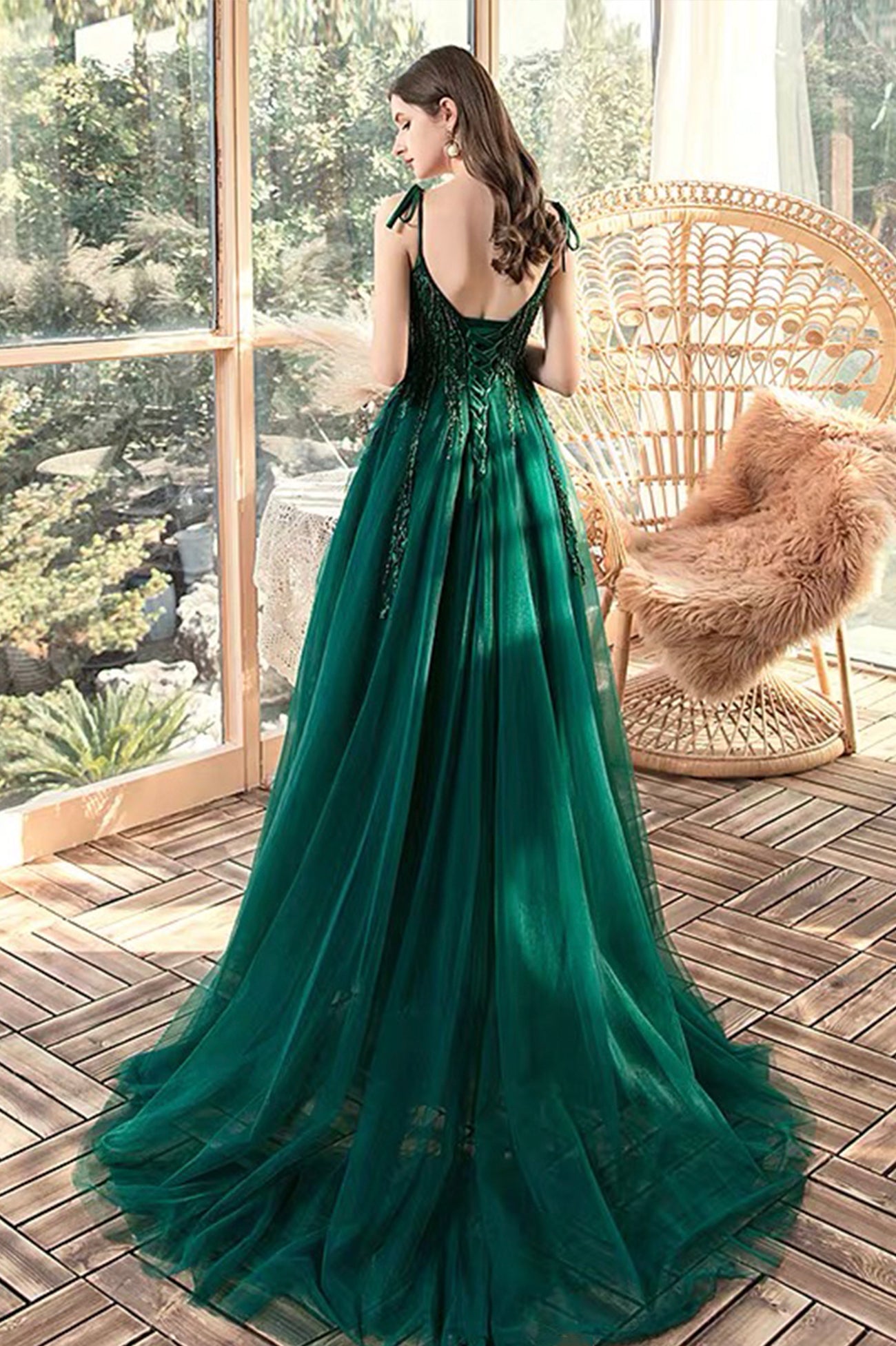Green V-Neck Tulle Long A-Line Prom Dress, Lace Evening Party Dress