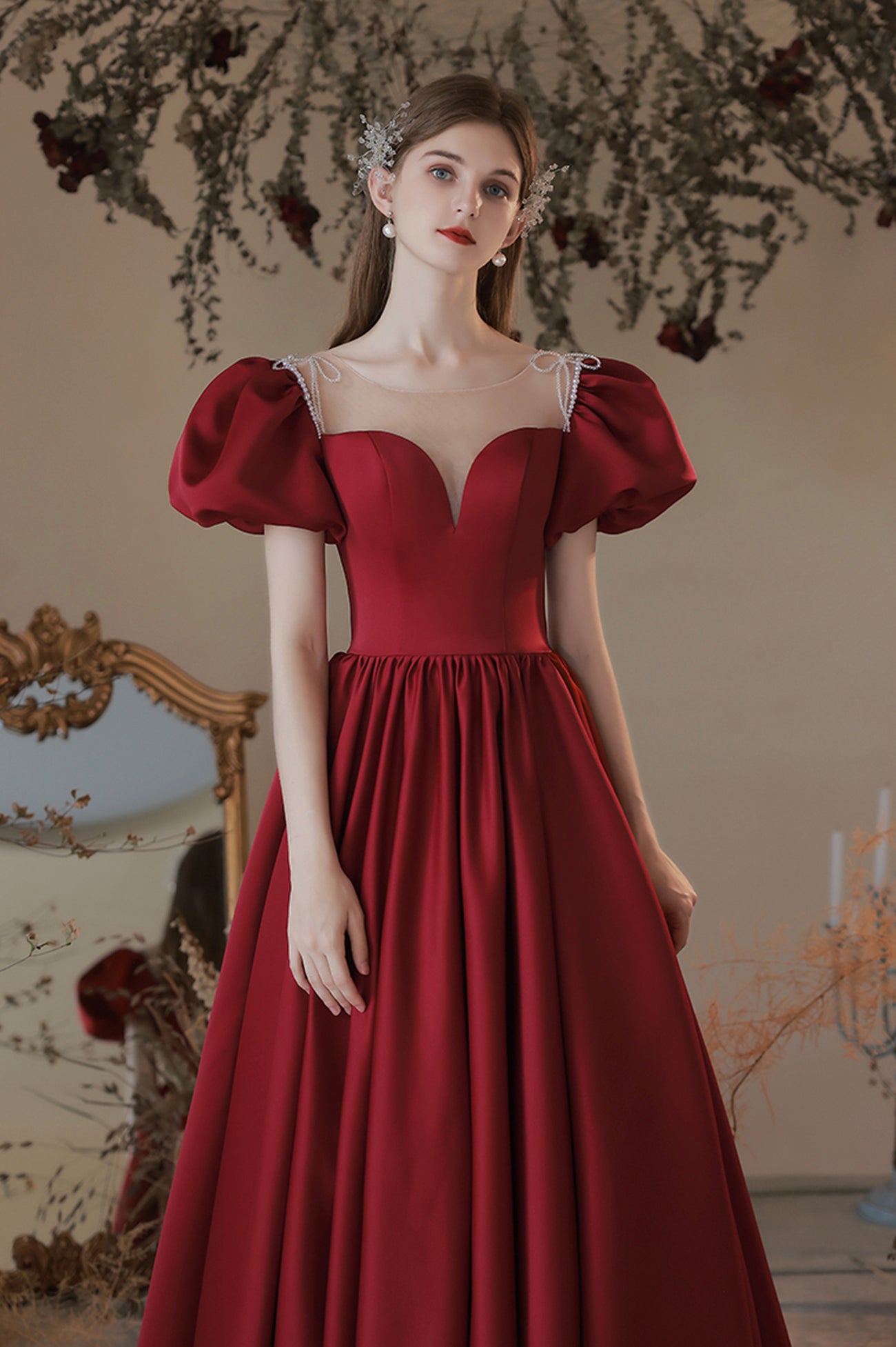 Burgundy Satin Long A-Line Prom Dress, Cute Short Sleeve Graduation Dr Burgundy Satin Long A-Line Prom Dress, Cute Short Sleeve Graduation Dr