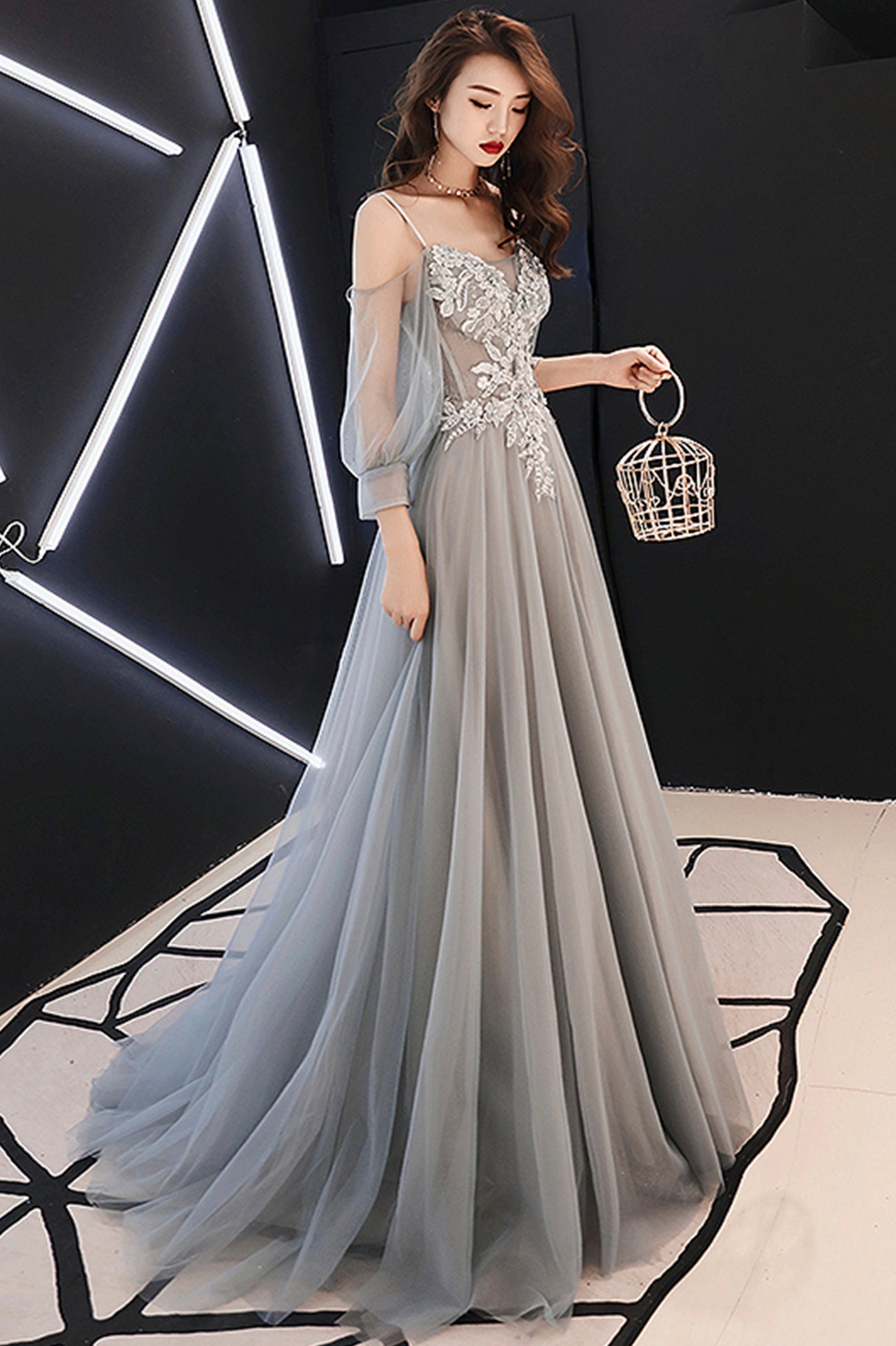 silver grey long sleeve prom dress Chic / Beautiful Silver Grey Beading Sequins Prom Dresses 2023 A-Line / Princess V-Neck Long Sleeve Backless Floor-Length / Long Prom Formal Dresses