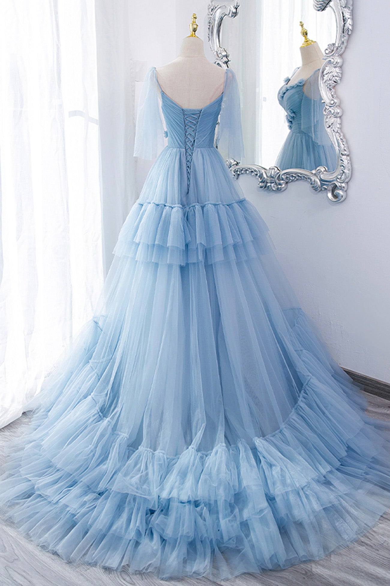 Blue V-Neck Tulle Long Prom Dress, A-Line Evening Party Dress