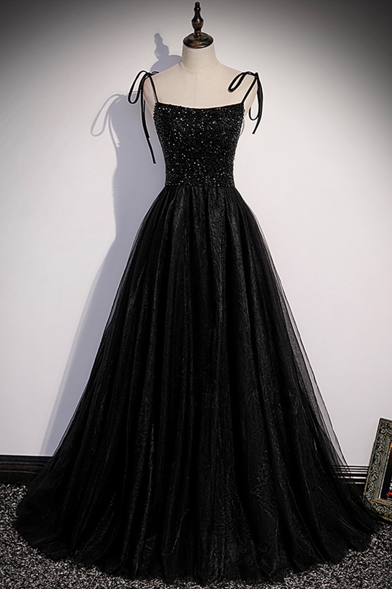 Black Tulle Beaded Long Prom Dress, A-Line Spaghetti Straps Evening Dress