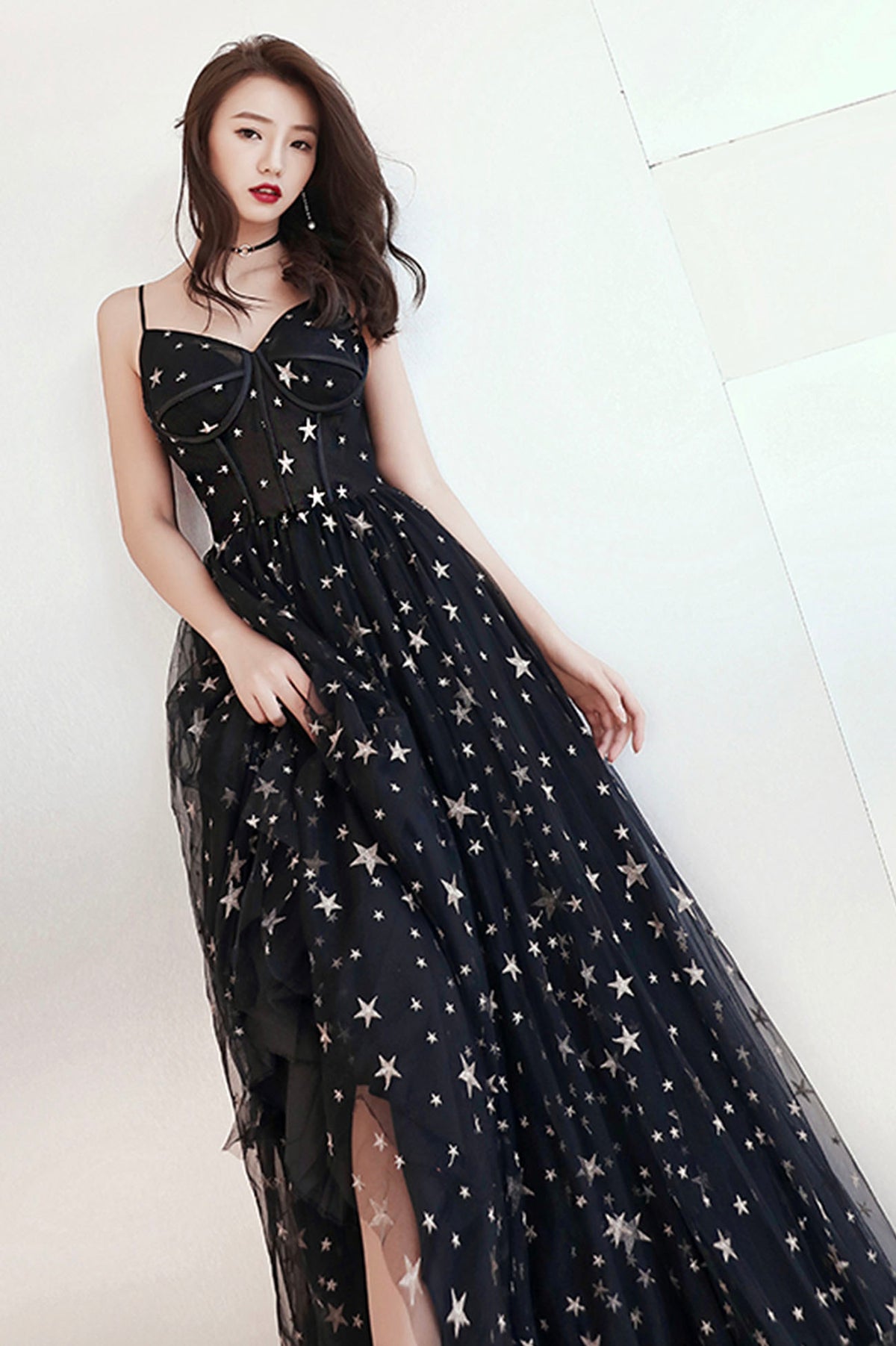 Black V-Neck Tulle Long Prom Dress, Cute A-Line Evening Dress with Stars