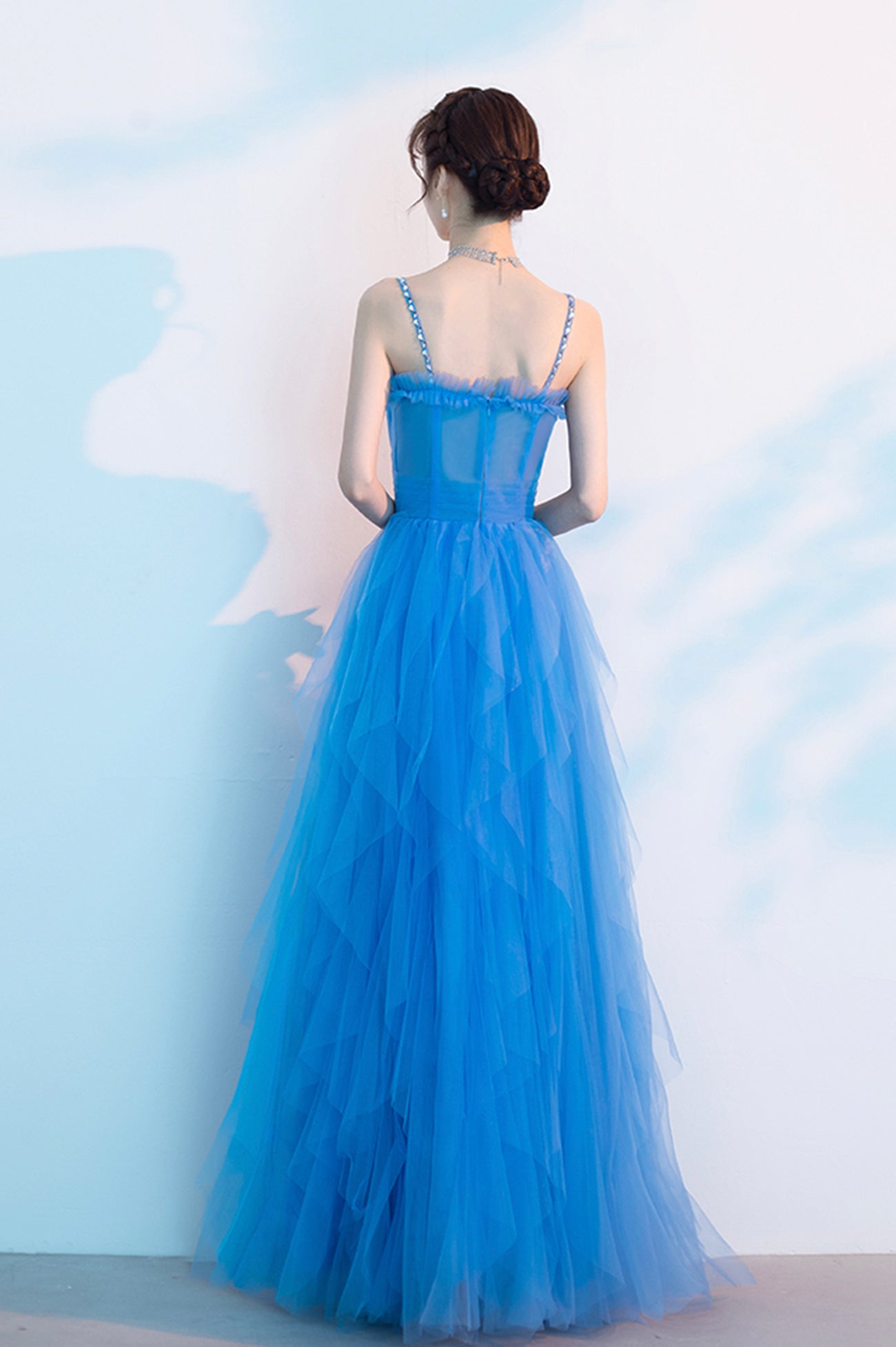 Blue Spaghetti Strap Tulle Long Prom Dress, Cute Blue Evening Party Dress