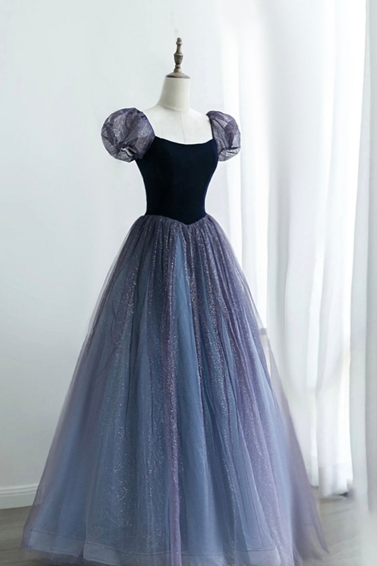 A-Line Velvet Tulle Long Prom Dress, Cute Short Sleeve Evening Party D