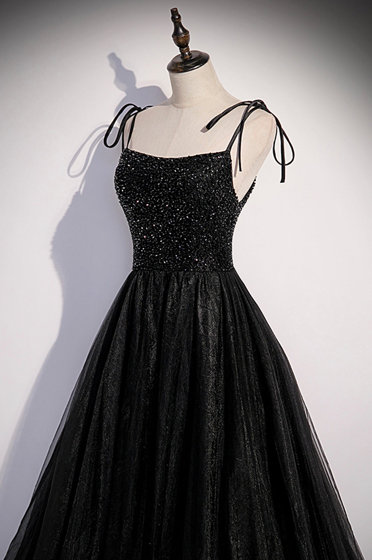 Black Tulle Beaded Long Prom Dress, A-Line Spaghetti Straps Evening Dress
