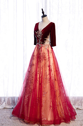 Burgundy V-Neck Velvet Tulle Long Prom Dress, A-Line 1/2 Sleeve Evening Dress