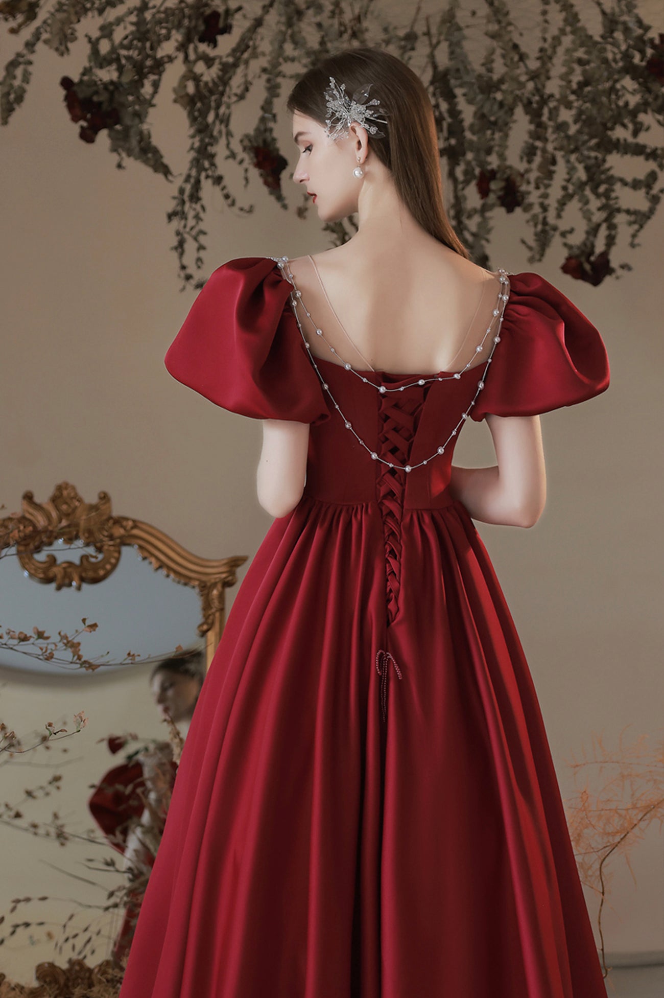 maroon dress graduation Burgundy Satin Long A-Line Prom Dress, Cute Short Sleeve Graduation Dr