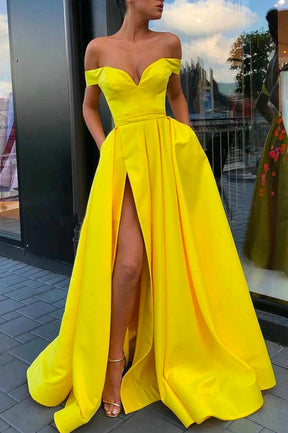 Simple Satin Long A-Line Prom Dress, Off the Shoulder Evening Dress with Slit