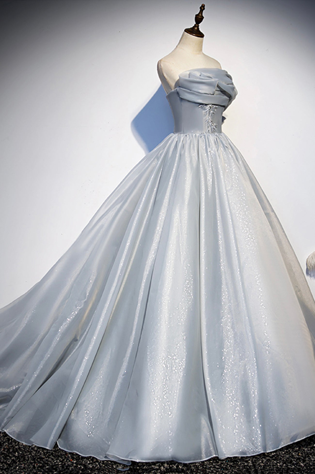 Gray Tulle Long A-Line Prom Dress, Gray Strapless Formal Evening Gown