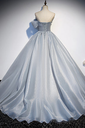 Gray Tulle Long A-Line Prom Dress, Gray Strapless Formal Evening Gown