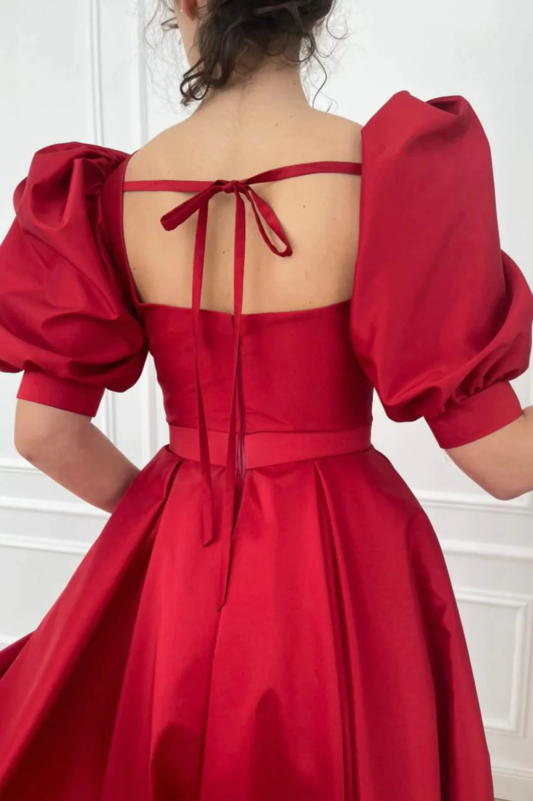 Red Satin Short Prom Dress, Cute Short Sleeve Party Dress with Slit