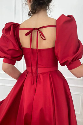 Red Satin Short Prom Dress, Cute Short Sleeve Party Dress with Slit